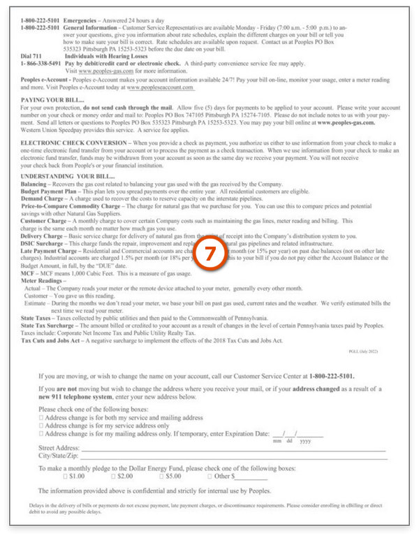 Back of a Peoples Natural Gas bill with payment information, charge explanations, and contact details.