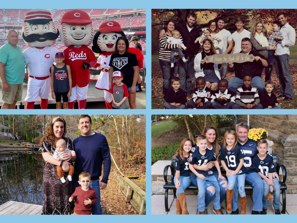 A collage of four family photos showing different families posing together in outdoor and festive settings.