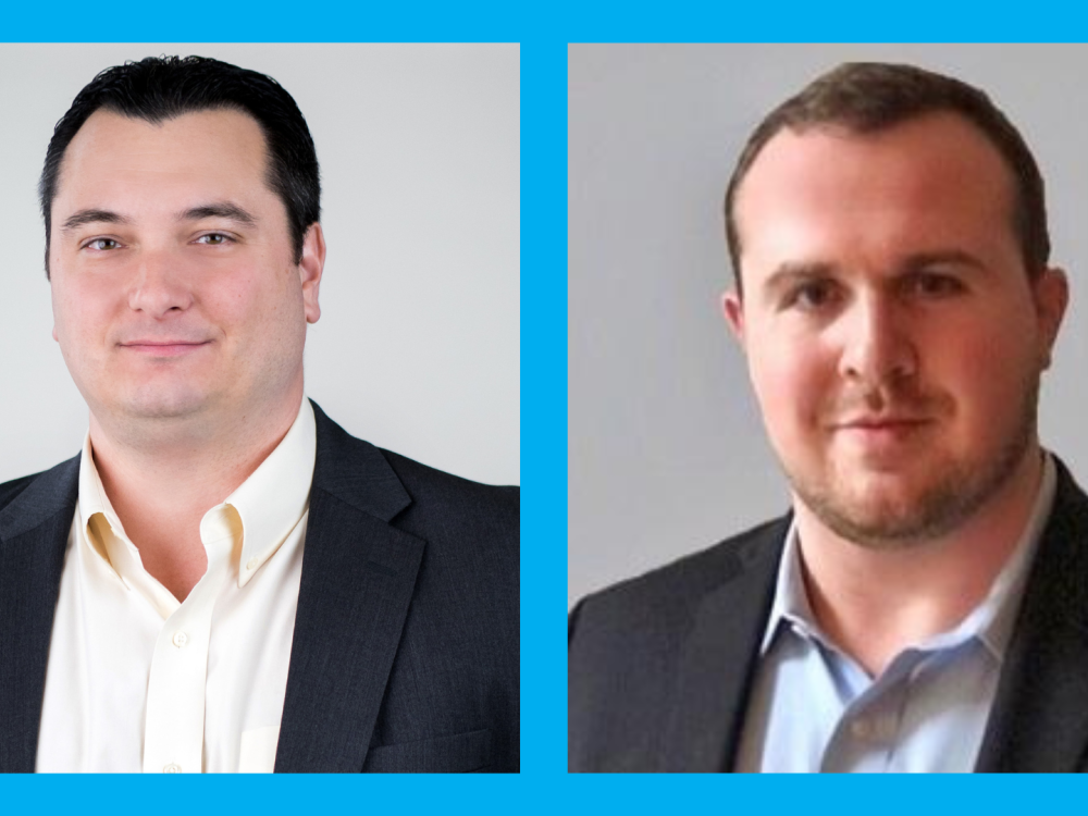 Employees John Childers and Brandon Black in business attire are shown in side-by-side professional headshots against a blue background frame.