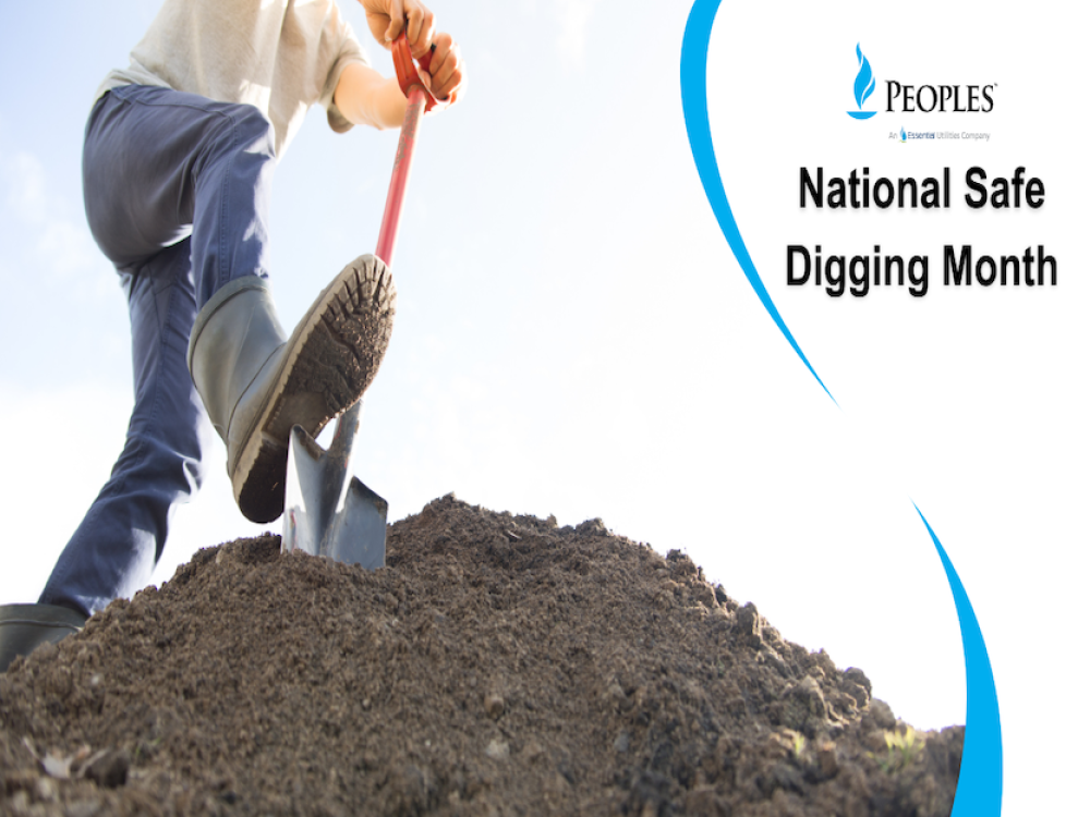 A person digging into soil with a shovel beside text that reads “National Safe Digging Month.”