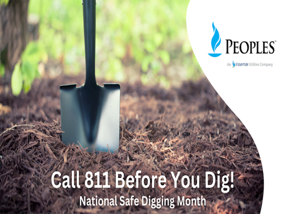 A shovel pressed into mulch with text that reads “Call 811 Before You Dig! National Safe Digging Month,” alongside the Peoples logo.