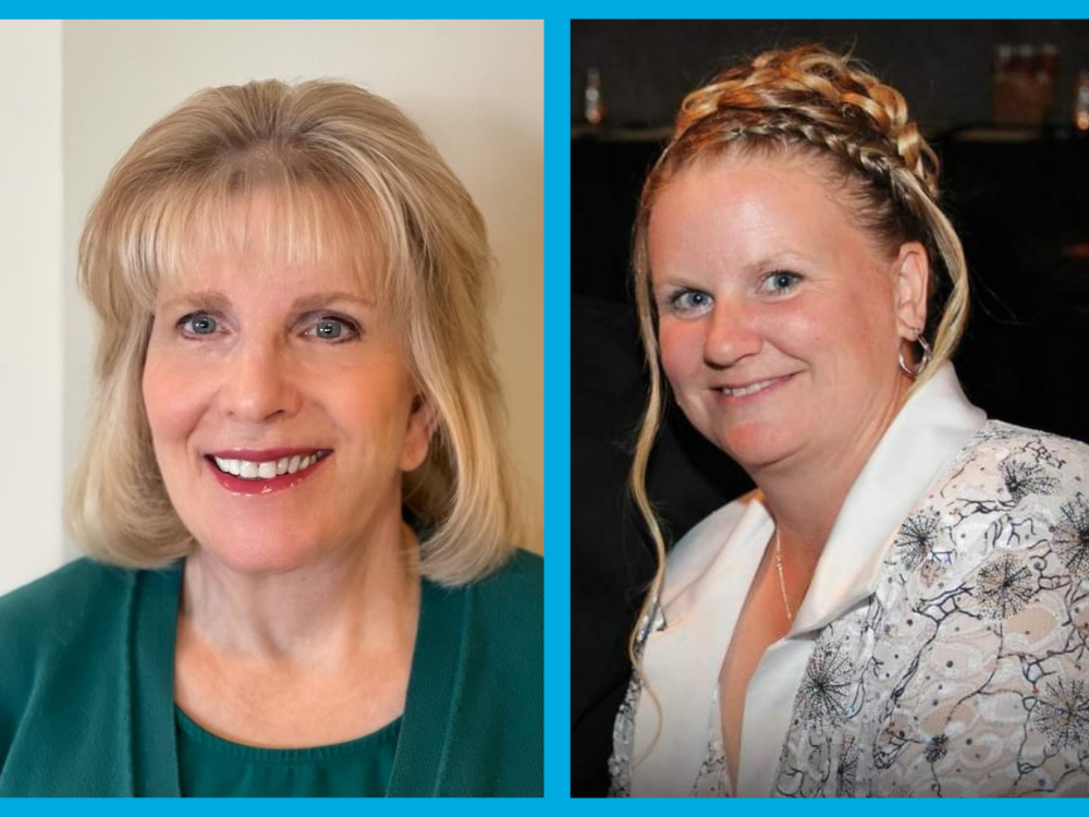 Side-by-side portraits of Michelle on the left, smiling in a green top, and Lynda on the right, smiling in a patterned white outfit.