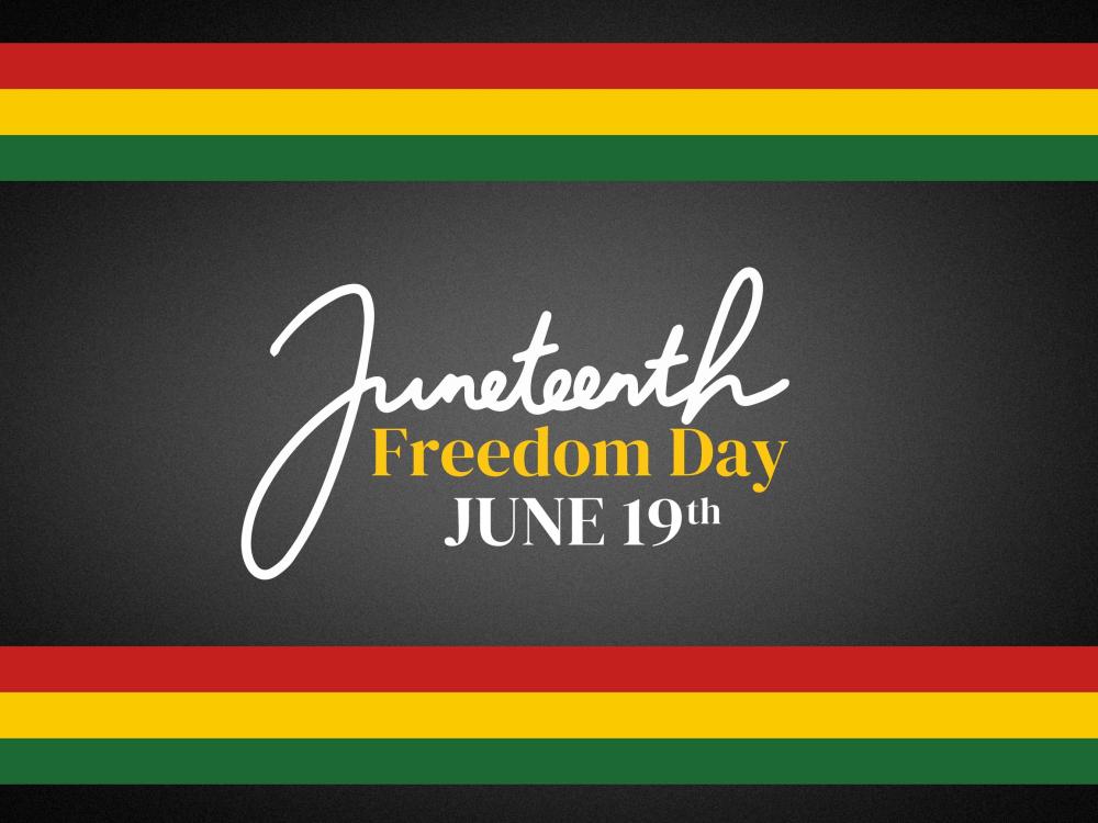 Juneteenth Freedom Day graphic with June 19th text in white and yellow fonts on a dark gray background, bordered by red, yellow, and green stripes.