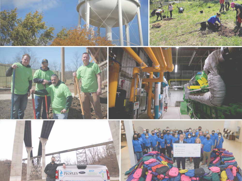 A collage of employees participating in projects including tree planting, facility work, community service, and presenting donated backpacks.