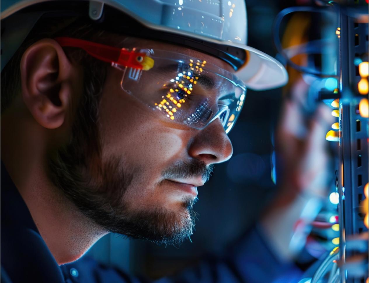 Technician wearing a hard hat and safety glasses working on illuminated server or electrical equipment.
