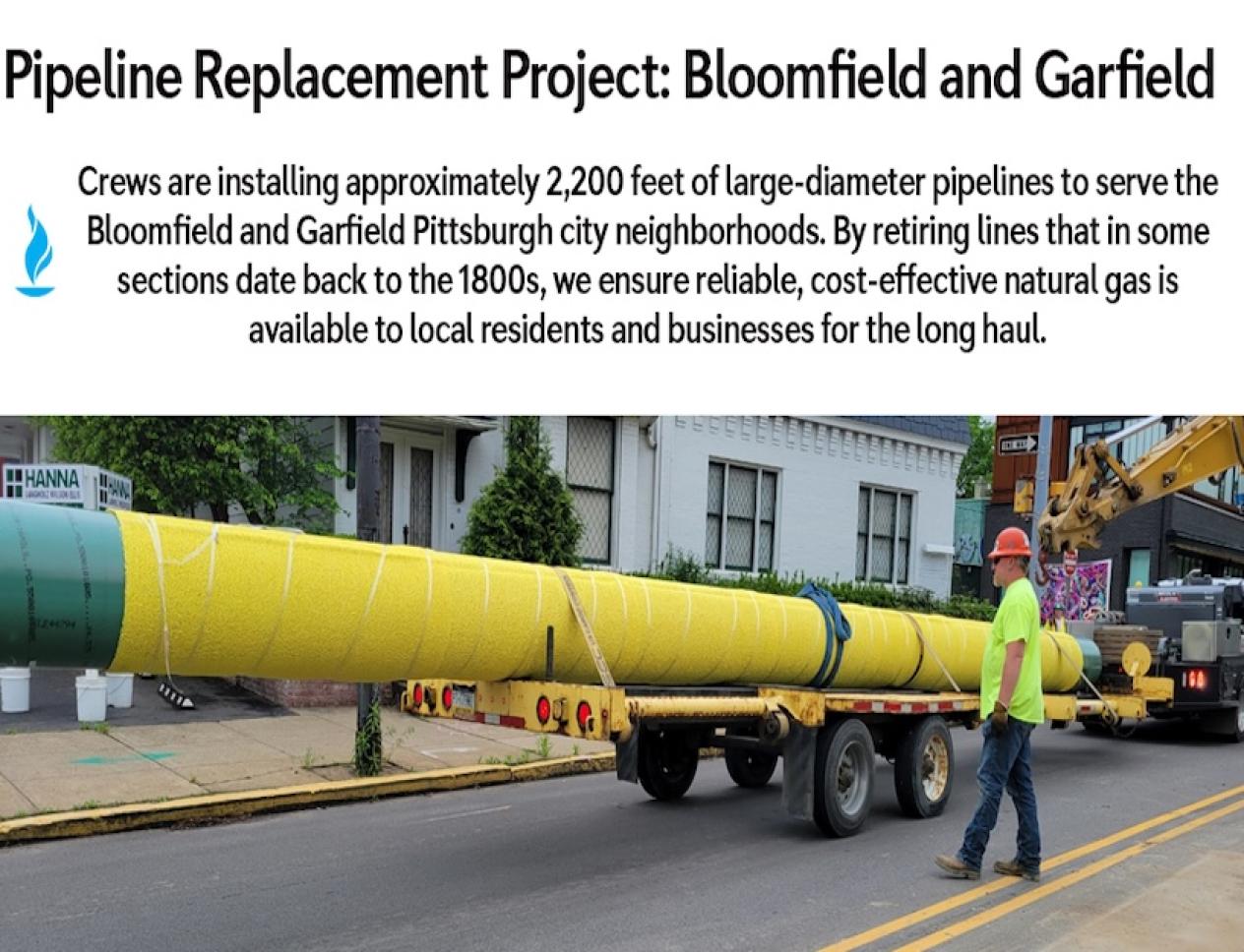 Informational graphic titled “Pipeline Replacement Project: Bloomfield and Garfield,” showing crews installing large yellow pipelines in a Pittsburgh neighborhood.