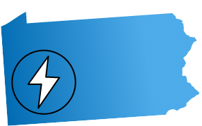Blue silhouette map of Pennsylvania with a lightning bolt icon indicating electricity or power.
