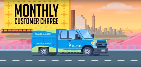 Illustration of a Peoples Gas service truck driving through a city with the text “Monthly Customer Charge.”